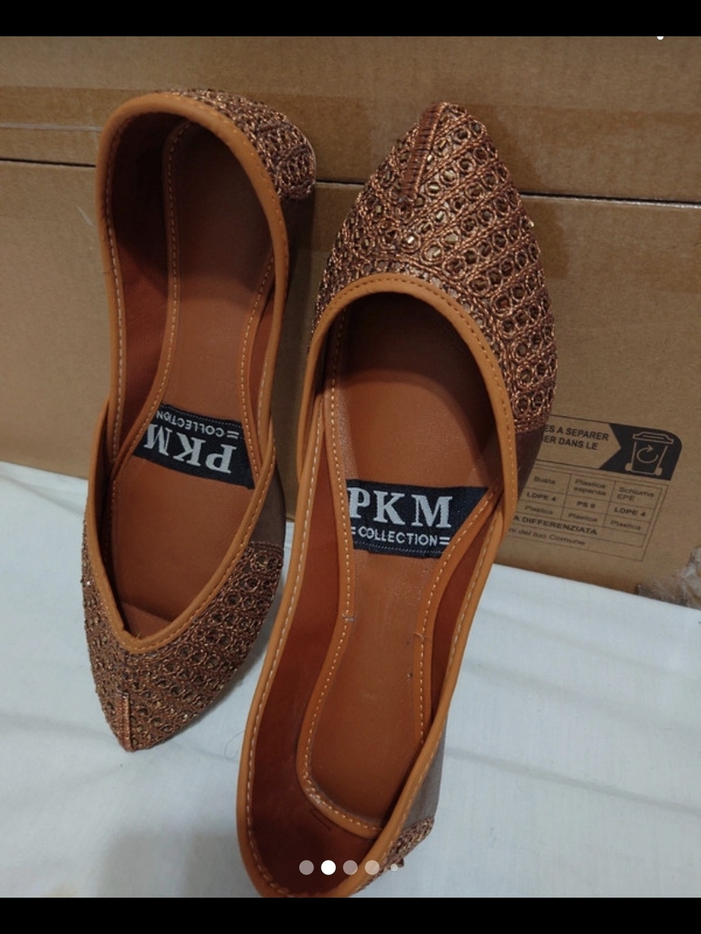 Handmade,Leather,Non-slip, Embroidered,Cushioned Insole Copper Tone Slippers